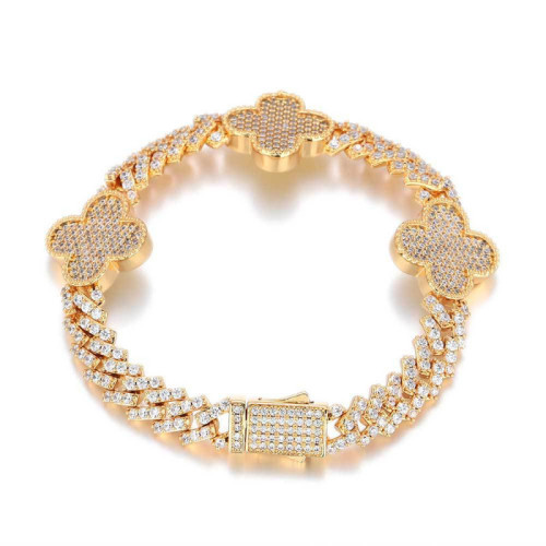 歐美嘻哈彈簧釦四葉草菱形古巴鏈鋯石手鏈高級感百搭男士手鏈