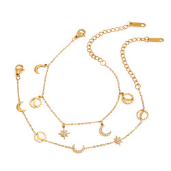 靜俏設計歐美18K金不鏽鋼鑲鑽月亮星星流蘇吊墜手鏈bracelet