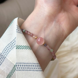 清新細致4mm碧璽+鹽源瑪瑙手串S925純銀手工手鏈女彈力繩風