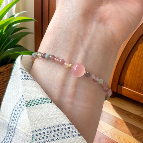 清新細致4mm碧璽+鹽源瑪瑙手串S925純銀手工手鏈女彈力繩風