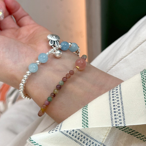 清新細致4mm碧璽+鹽源瑪瑙手串S925純銀手工手鏈女彈力繩風