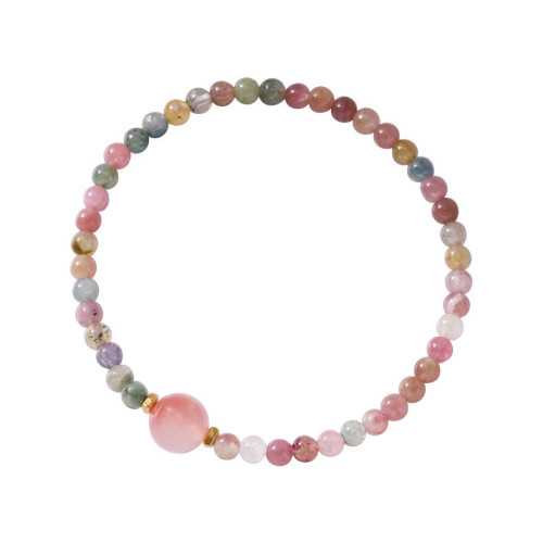 清新細致4mm碧璽+鹽源瑪瑙手串S925純銀手工手鏈女彈力繩風