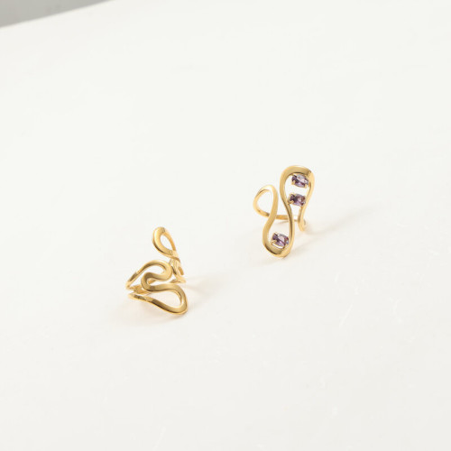 誇張長款 戒指 鑲嵌3個紫色鋯石鋯石  鈦鋼電鍍18k金