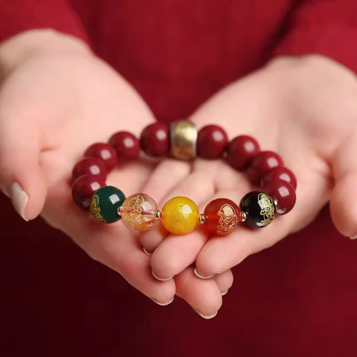 高含量天然原礦硃砂五路財神手串男紫金砂圓珠五彩行手鏈女