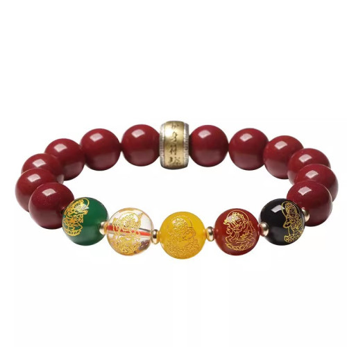 高含量天然原礦硃砂五路財神手串男紫金砂圓珠五彩行手鏈女