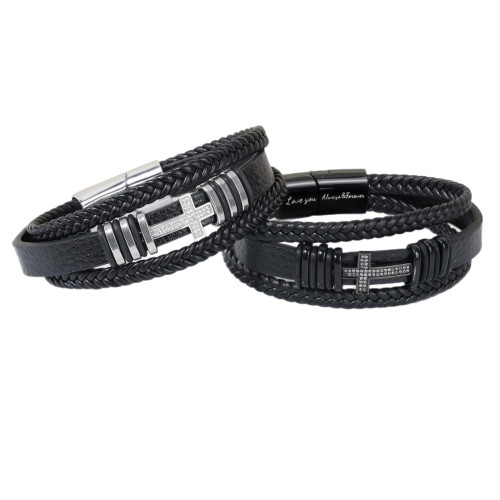男士皮革手鏈三層麻花皮革鑲鑽十字磁吸尾釦手鏈十字鑲鑽皮革手鏈