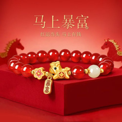 馬上暴富S999銀花朵和田玉手鏈女生本命年紅瑪瑙手串馬年禮物