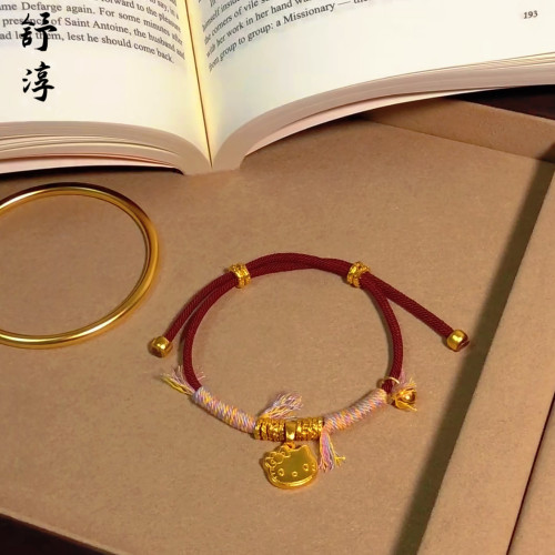 爆款沙金麥穗小胖福盤纏手鏈手繩凱蒂貓盤纏新年編織紅繩盤纏手繩