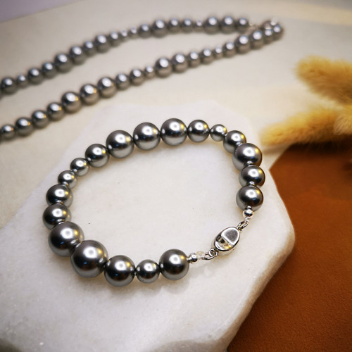 S925銀灰珍珠手鏈輕奢元寶釦仿施家手串高級灰真多麻色氣質女禮物