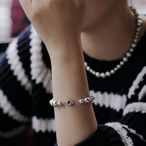 S925銀灰珍珠手鏈輕奢元寶釦仿施家手串高級灰真多麻色氣質女禮物