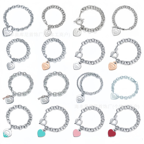 T家925純銀心形OT釦滴膠琺瑯愛心粗鏈手鏈蒂家V金愛心手鏈