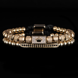 2件套歐美微鑲鋯石方塊皇冠不鏽鋼串珠菠蘿珠男士手鏈套裝