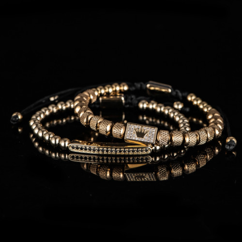 2件套歐美微鑲鋯石方塊皇冠不鏽鋼串珠菠蘿珠男士手鏈套裝