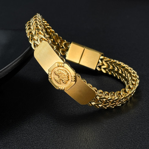 OPK歐美個性潮流復古時尚不鏽鋼鍍金色生命樹可刻字手鏈男士