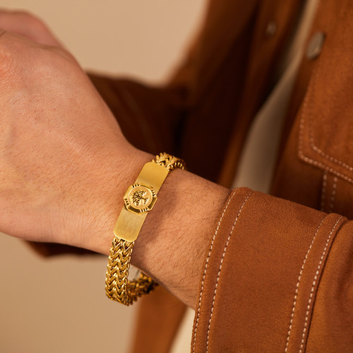 OPK歐美個性潮流復古時尚不鏽鋼鍍金色生命樹可刻字手鏈男士