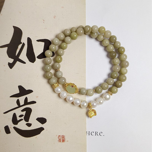 天然淡水珍珠阿拉善瑪瑙雙圈手鏈文藝復古藍砂石簸箕滿福吊墜手飾