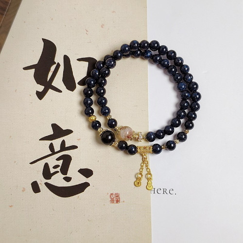 天然淡水珍珠阿拉善瑪瑙雙圈手鏈文藝復古藍砂石簸箕滿福吊墜手飾