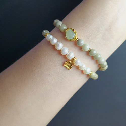 天然淡水珍珠阿拉善瑪瑙雙圈手鏈文藝復古藍砂石簸箕滿福吊墜手飾