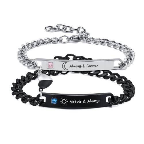 不鏽鋼彎牌手鏈情侶愛心磁吸鏈條手鏈不鏽鋼鑲鑽彎牌編織刻字手鏈