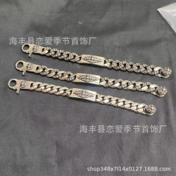 CH克羅伈泰銀復古粗鏈十字花手鏈霸氣時尚潮男十字架龍蝦釦手飾
