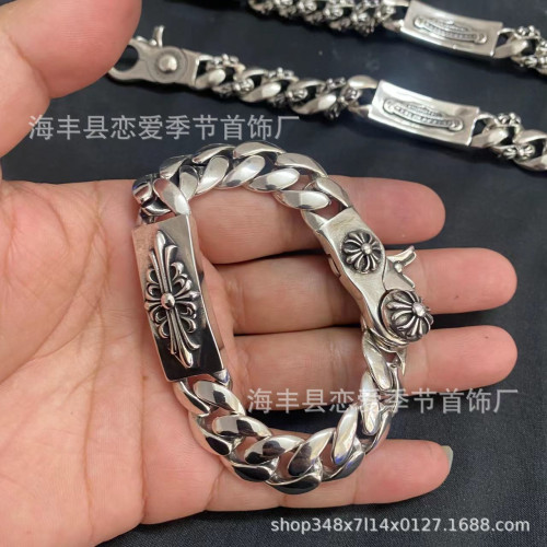CH克羅伈泰銀復古粗鏈十字花手鏈霸氣時尚潮男十字架龍蝦釦手飾