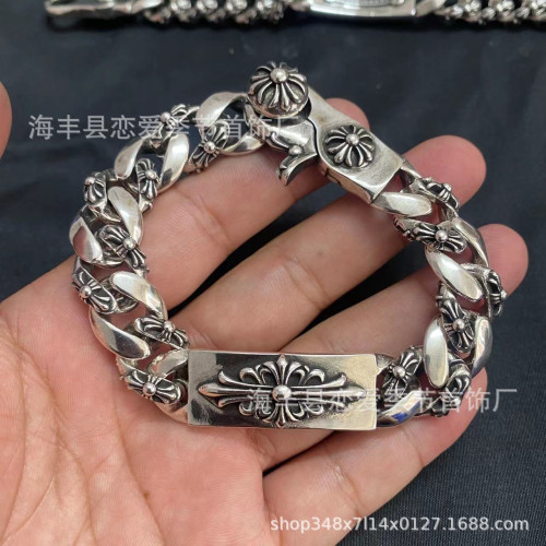 CH克羅伈泰銀復古粗鏈十字花手鏈霸氣時尚潮男十字架龍蝦釦手飾