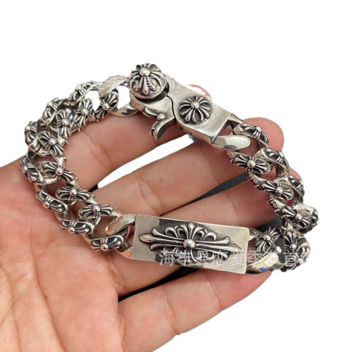 CH克羅伈泰銀復古粗鏈十字花手鏈霸氣時尚潮男十字架龍蝦釦手飾