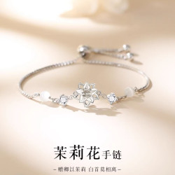 茉莉花手鏈s925純銀女生輕奢小衆設計感貓眼石手飾滑動珠調節手鐲