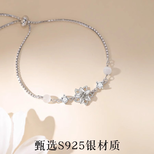 茉莉花手鏈s925純銀女生輕奢小衆設計感貓眼石手飾滑動珠調節手鐲