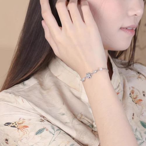 茉莉花手鏈s925純銀女生輕奢小衆設計感貓眼石手飾滑動珠調節手鐲