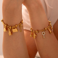 歐美ins風多元素吊牌鑲鑽掛件手鏈可調節潮流復古鈦鋼鍍18K金手飾