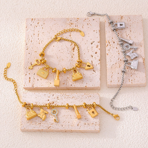 歐美ins風多元素吊牌鑲鑽掛件手鏈可調節潮流復古鈦鋼鍍18K金手飾