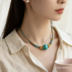 全手工編織鎖骨鍊繩男女款高檔橫穿蜜蠟松石天珠掛繩圓珠毛衣鏈飾