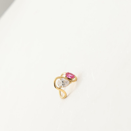 白色水滴鋯石 紅色橢圓鋯石 拼接 戒指 鈦鋼電鍍18k金 白色水滴鋯石 紅色橢圓鋯石 拼接 戒指 鈦鋼電鍍18k金