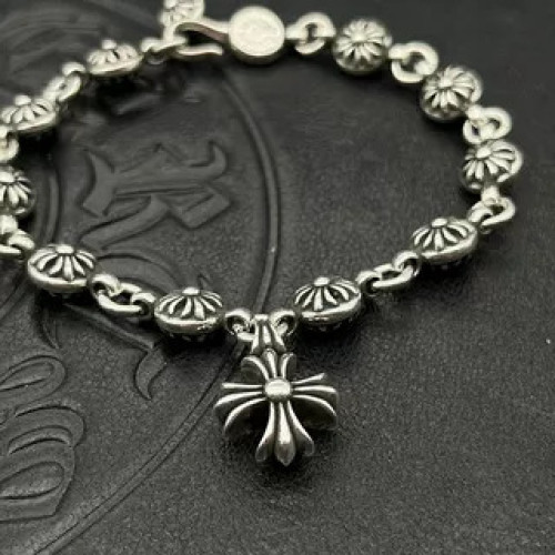 潮款手鏈泰銀復古男女士十字花球手鏈帶十字花吊墜手飾龐克嘻哈