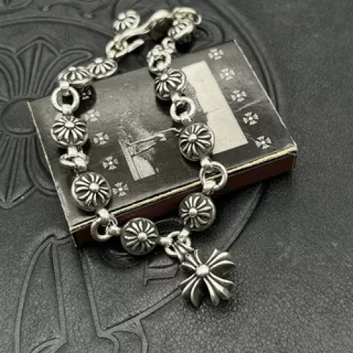 潮款手鏈泰銀復古男女士十字花球手鏈帶十字花吊墜手飾龐克嘻哈