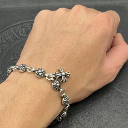 潮款手鏈泰銀復古男女士十字花球手鏈帶十字花吊墜手飾龐克嘻哈