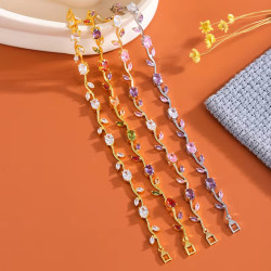 新款歐美簡約設計葉子形狀氣質小衆百搭彩鋯石銅鍍18k金