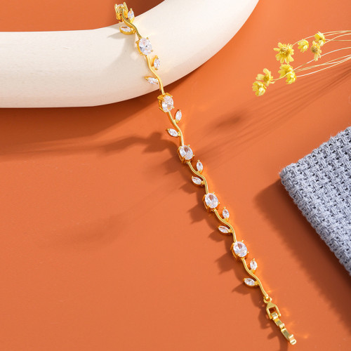 新款歐美簡約設計葉子形狀氣質小衆百搭彩鋯石銅鍍18k金