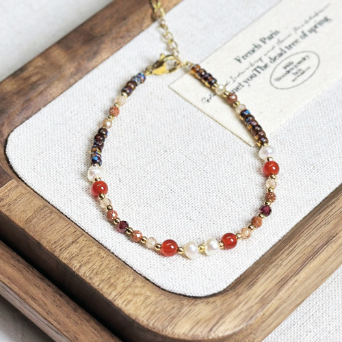 新品天然石鈦鋼手鏈美拉德風復古串珠水晶手鏈進口米珠珍珠手鏈女