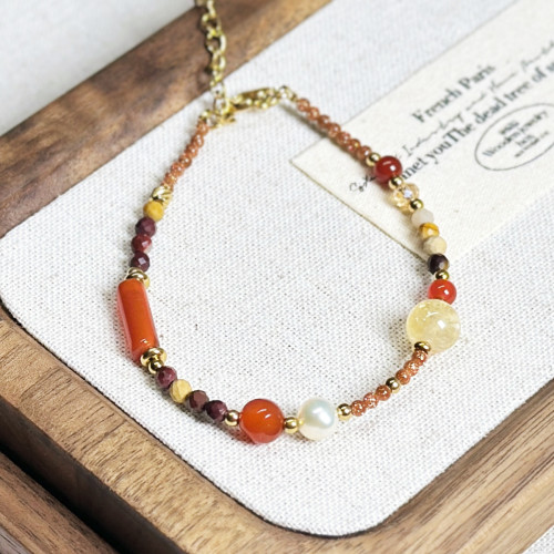 新品天然石鈦鋼手鏈美拉德風復古串珠水晶手鏈進口米珠珍珠手鏈女