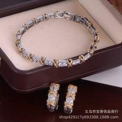 雙色交叉手鏈女時尚輕奢氣質滿鑽耳釦時尚金屬感個性手環