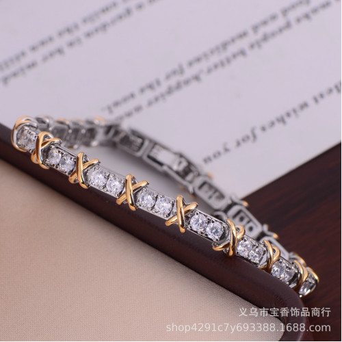 雙色交叉手鏈女時尚輕奢氣質滿鑽耳釦時尚金屬感個性手環