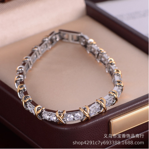 雙色交叉手鏈女時尚輕奢氣質滿鑽耳釦時尚金屬感個性手環