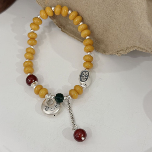 新中式S925純銀喜樂平安釦好運蜜蠟手串好運連連轉運紅瑪瑙手鏈