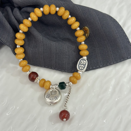 新中式S925純銀喜樂平安釦好運蜜蠟手串好運連連轉運紅瑪瑙手鏈