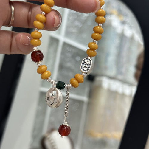 新中式S925純銀喜樂平安釦好運蜜蠟手串好運連連轉運紅瑪瑙手鏈