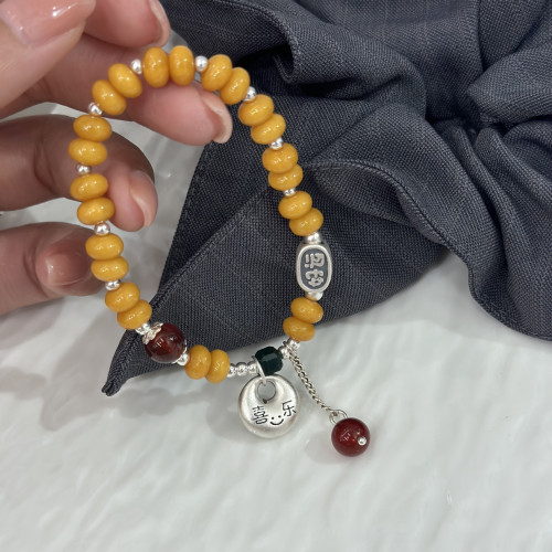 新中式S925純銀喜樂平安釦好運蜜蠟手串好運連連轉運紅瑪瑙手鏈