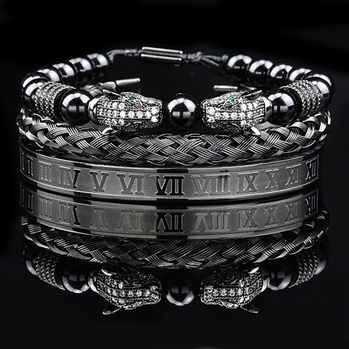 微鑲鋯石雙豹子頭亮黑珠編織手鏈不鏽鋼羅馬手鐲 微鑲鋯石雙豹子頭亮黑珠編織手鏈不鏽鋼羅馬手鐲