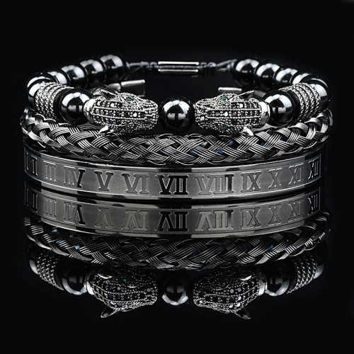 微鑲鋯石雙豹子頭亮黑珠編織手鏈不鏽鋼羅馬手鐲 微鑲鋯石雙豹子頭亮黑珠編織手鏈不鏽鋼羅馬手鐲